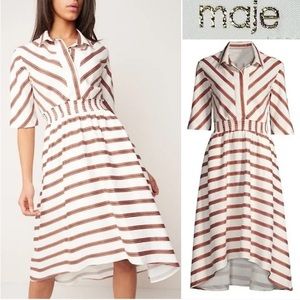 Maje White and Brown Striped Midi Dress